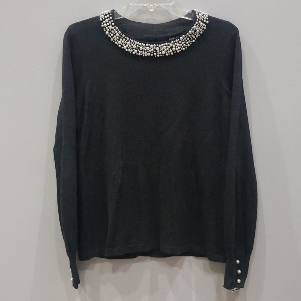Karl Lagerfeld Paris Sweater Womens sz Medium Pearl Embellished Bow Keyhole Back